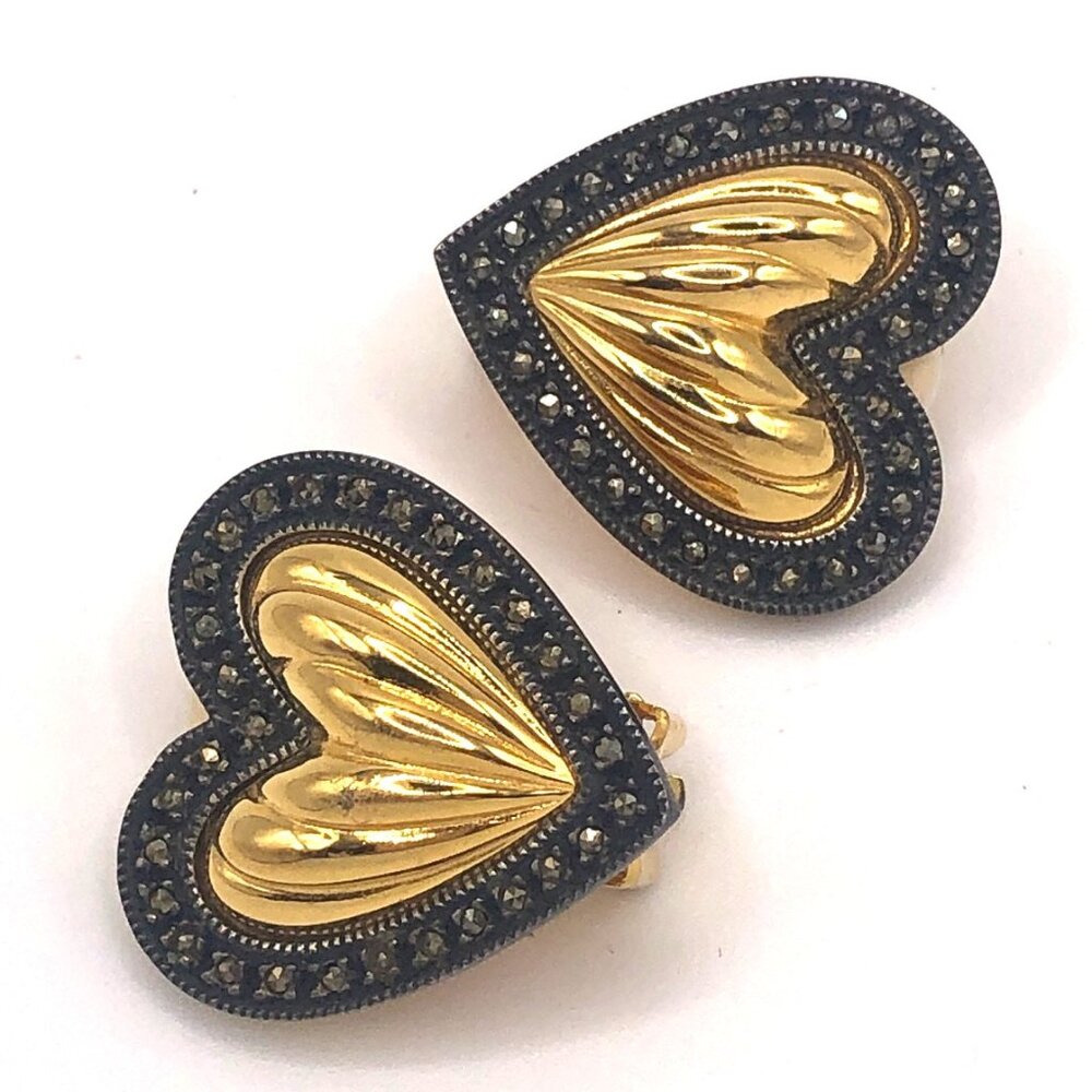 Vintage Judith Jack Gold Tone Marcasite Halo Puffy Heart Clip-On 1" Earrings - Picture 9 of 15